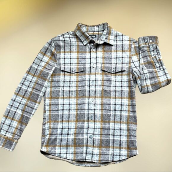 Express Thick Flannel Plaid Brown,Gray  Long Sleeve Button Down Shirt Sz Small - Picture 1 of 7